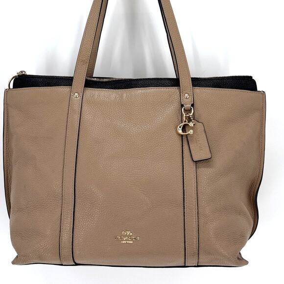 Coach Leather Tote Bag Taupe/Black May Large Pebbled C2079-1573 - Picture 1 of 13